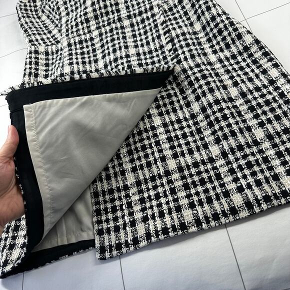 Ann Taylor Dress Womens 10 Black White Fringe Tweed Flare Plaid New Classic Work - Picture 7 of 12